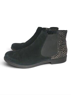 Hotter Ortholite Black Suede Ankle Chelsea Boots with Leopard Heel Accent